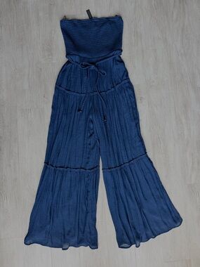 NWT Navy Blue Strapless Smocked Wide Leg Jumpsuit Braided Waist Tie Size Large